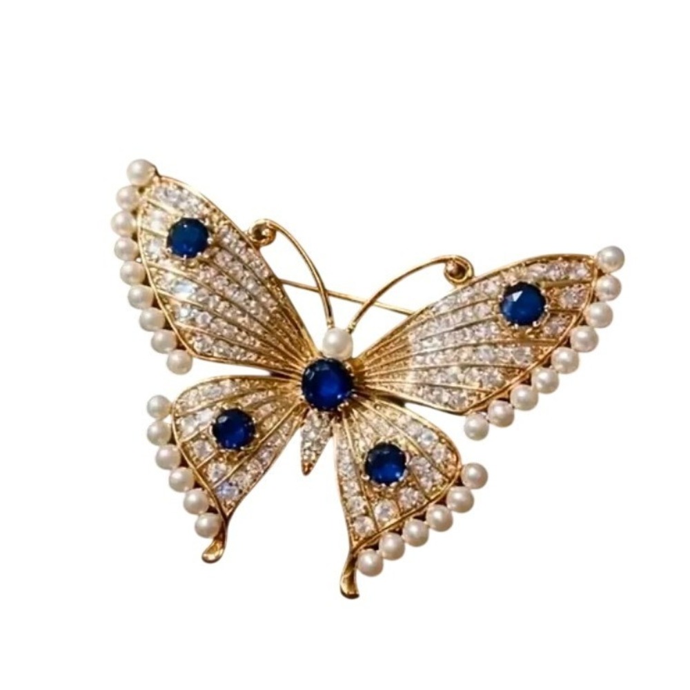 Elegant Gold Butterfly Brooch Pin Rhinestone Pearl‎ Accent Women's Jewelry